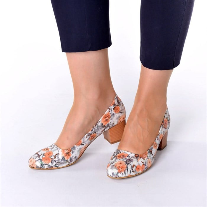 1453-78087 Portakal çiçek baskılı Büyük Numara Kadın Ayakkabıları