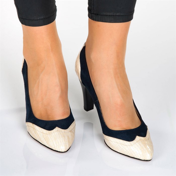 1954-lacivert-süet bej lezar Büyük Numara Bayan Ayakkabısı
